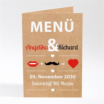 Menükarte Hochzeit Herz und schnurrbart