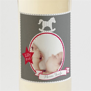 Flaschenetikett Taufe Schaukelpferd rot