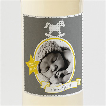 Flaschenetikett Taufe Schaukelpferd Gelb