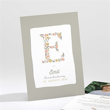 Einladungskarte Einschulung blumeninitial grün