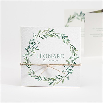 Einladung Kommunion blätter und vergoldung-kordel