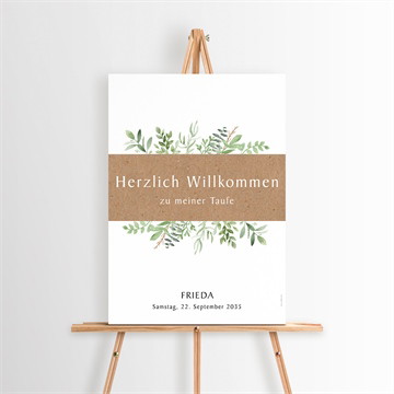 Willkommensschild Taufe kraftpapier und pflanzenmotiv
