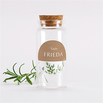 Glasfläschchen mit Korken Taufe kraftpapier und pflanzenmotiv2