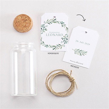 Glasfläschchen Mit Korken Kommunion Blätter Und Vergoldung - vue 3