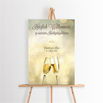 Willkommensschild Hochzeitsjubiläum Champagnergläser