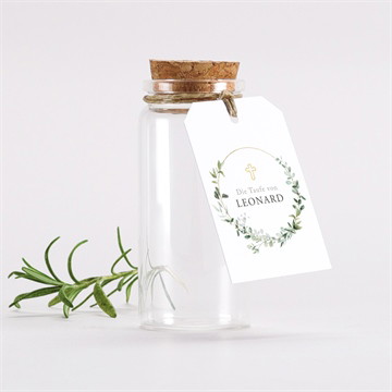 Glasfläschchen mit Korken Taufe Eukalyptuskranz