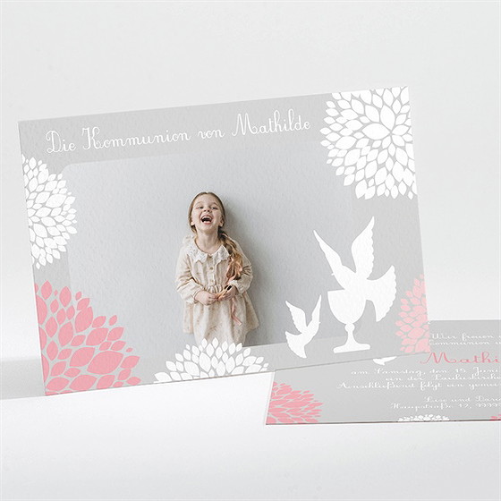 Einladung Kommunion taube mit blumen