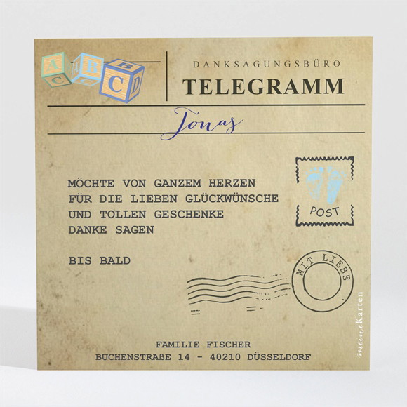 Dankeskarte Geburt Telegramm Jungen ref.N300414