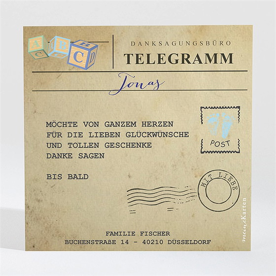 Dankeskarte Geburt Telegramm Jungen