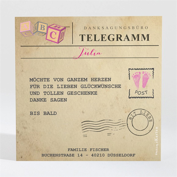 Dankeskarte Geburt Telegramm Mädchen ref.N300415