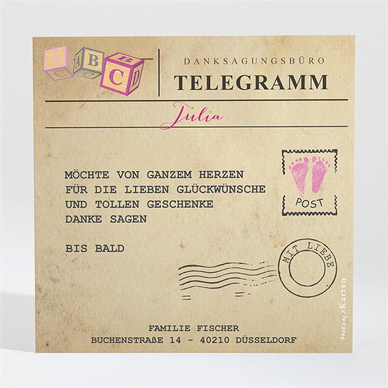 Dankeskarte Geburt Telegramm Mädchen