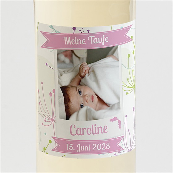 Flaschenetikett Taufe Pusteblume Rosa