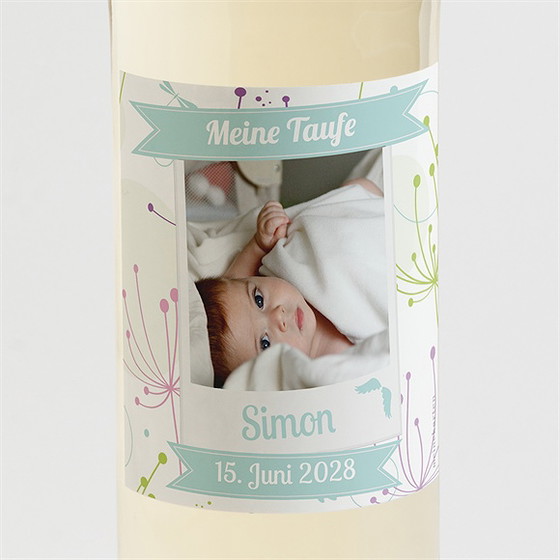 Flaschenetikett Taufe Pusteblume Blau