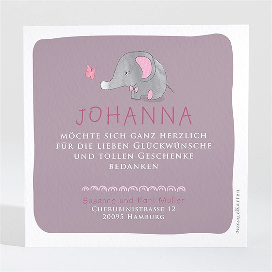 Dankeskarte Geburt Rosa Elefant