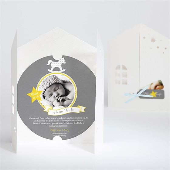 Einladung Taufe Schaukelpferd Gelb