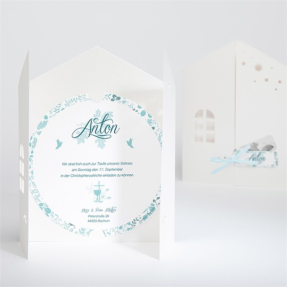 Einladung Taufe Blumenhaus Blau