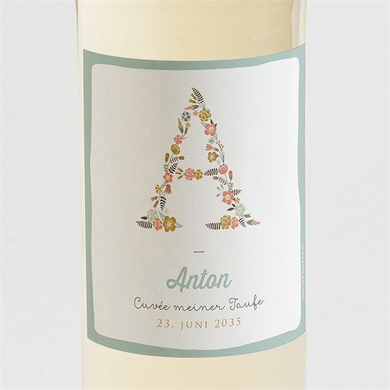 Flaschenetikett Taufe Blumenalphabet Junge