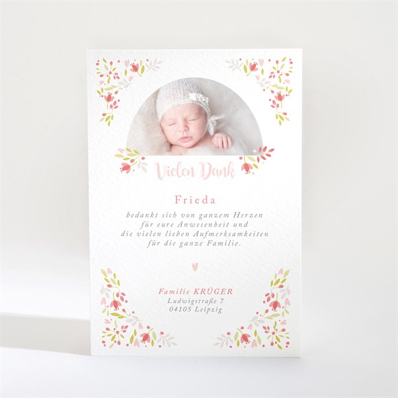 Dankeskarte Taufe Zarte rosa Blumen ref.N21015