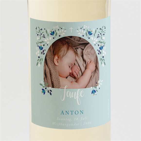 Flaschenetikett Taufe Zarte blaue Blumen ref.N3001411