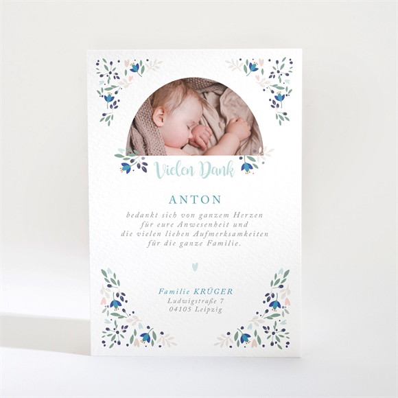 Dankeskarte Taufe Zarte blaue Blumen ref.N21016