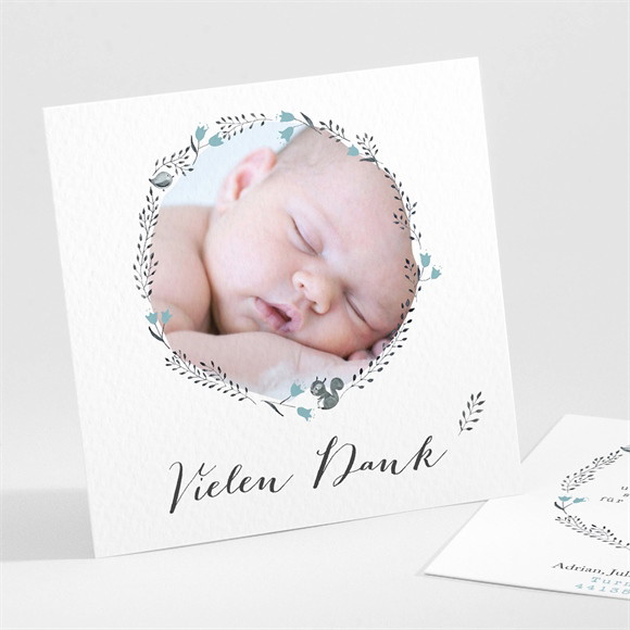 Dankeskarte Geburt Blumenkranz Blau ref.N30146