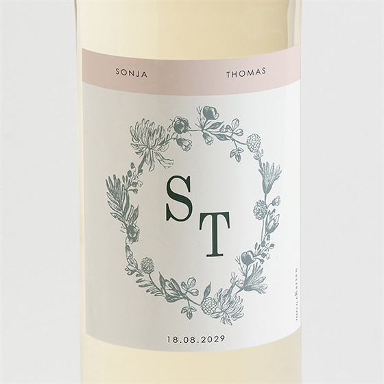 Flaschenetikett Hochzeit blumenkranz
