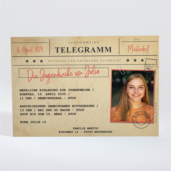 Einladungskarte Jugendweihe Telegramm zur Jugendweihe ref.N110258