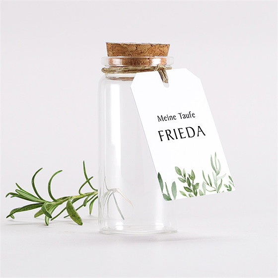 Glasfläschchen mit Korken Taufe kraftpapier und pflanzenmotiv