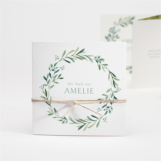Einladung Taufe runder blumenkranz - kordel