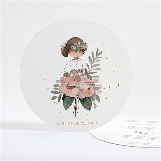 Einladung Kommunion blumenfest - gold rund